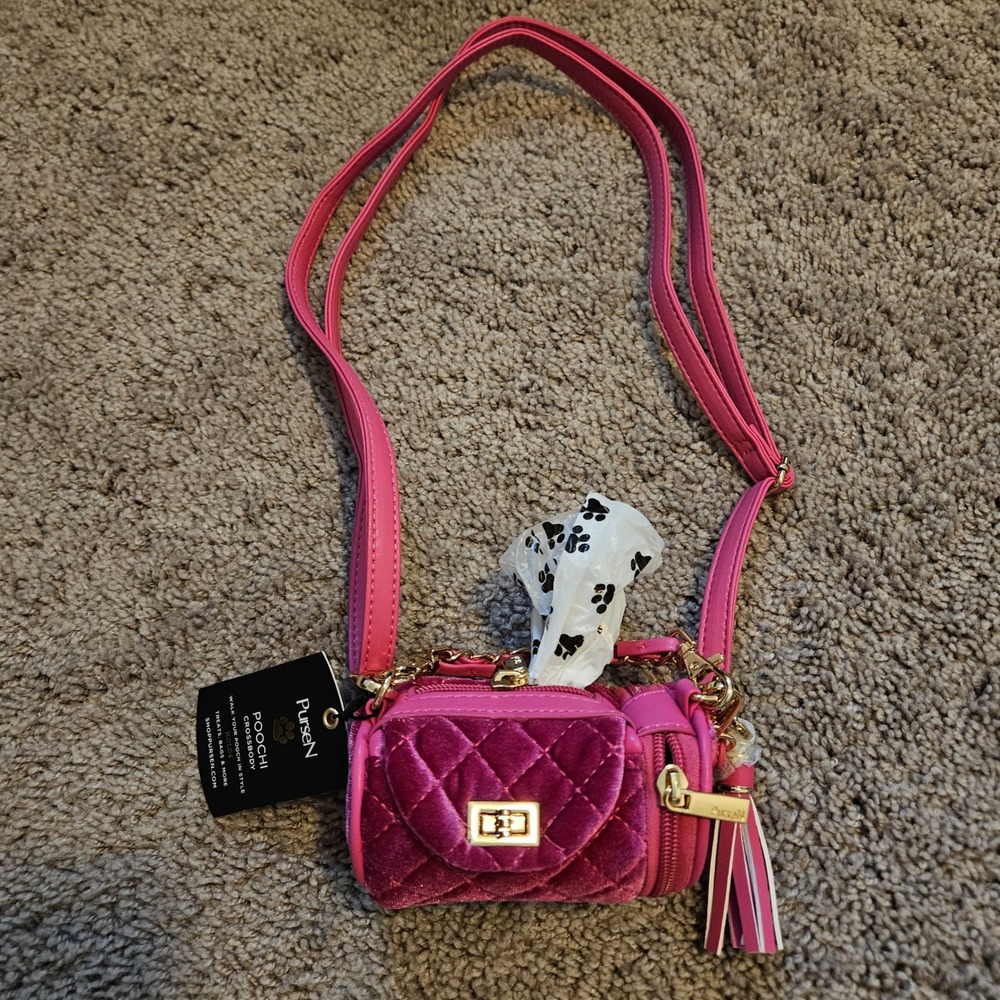 PurseN Poochi Crossbody Dog Walking Bag Small Magenta NEW Quilted‎ Velvet Tassel